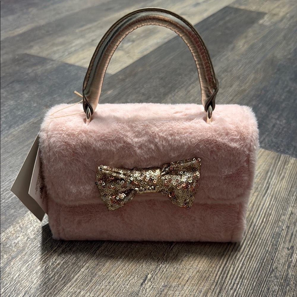 Disney Princess Pink Faux Fur Handbag with Gold Sequin Bow for girls